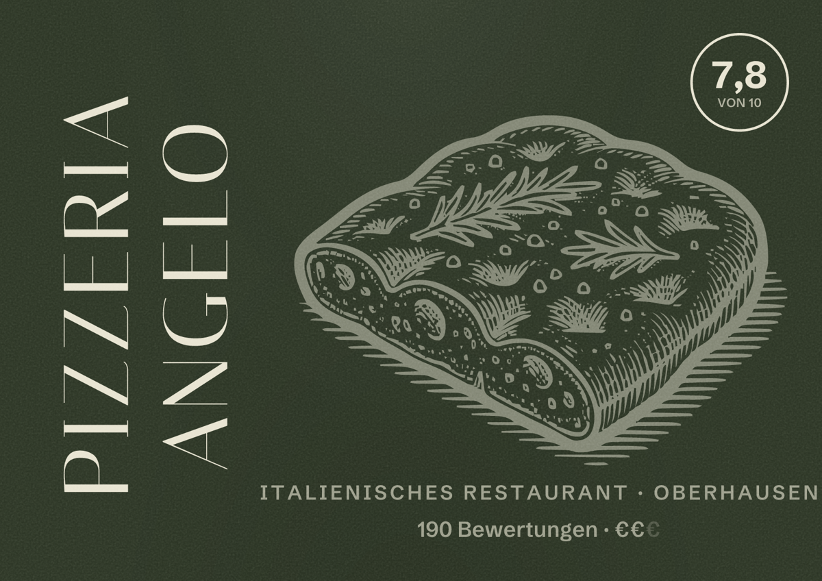 Illustriertes Poster von Pizzeria Angelo, Italienisches Restaurant in Oberhausen: Bewertung 7,8 von 10 aus 190 Bewertungen, Preisniveau €€
