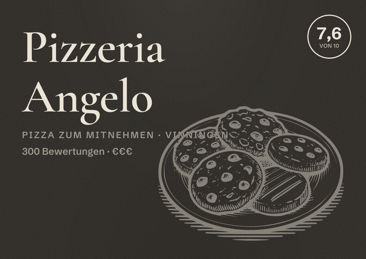 Illustriertes Poster von Pizzeria Angelo, Pizza zum Mitnehmen in Vinningen: Bewertung 7,6 von 10 aus 300 Bewertungen, Preisniveau €€€