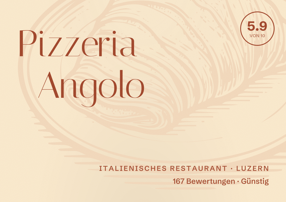 Illustriertes Poster von Pizzeria Angolo, Italienisches Restaurant in Luzern: Bewertung 5.9 von 10 aus 167 Bewertungen, Preisniveau Günstig