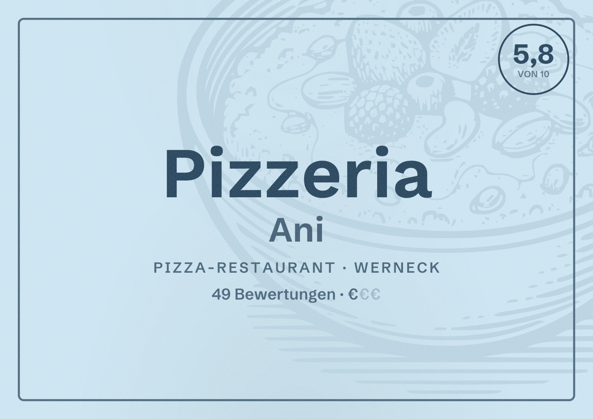 Illustriertes Poster von Pizzeria Ani, Pizza-Restaurant in Werneck: Bewertung 5,8 von 10 aus 49 Bewertungen, Preisniveau €
