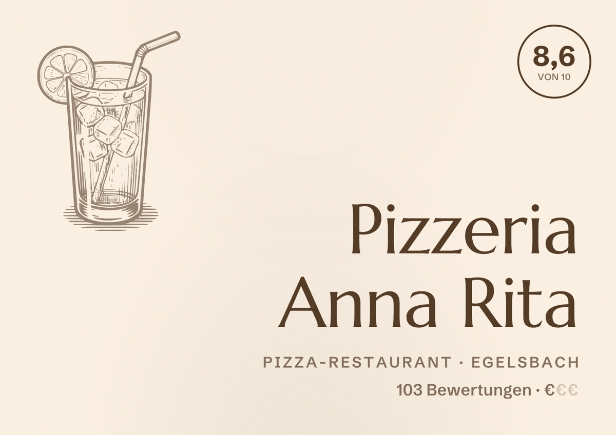 Illustriertes Poster von Pizzeria Anna Rita, Pizza-Restaurant in Egelsbach: Bewertung 8,6 von 10 aus 103 Bewertungen, Preisniveau €