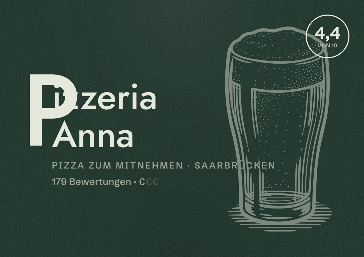 Illustriertes Poster von Pizzeria Anna, Pizza zum Mitnehmen in Saarbrücken: Bewertung 4,4 von 10 aus 179 Bewertungen, Preisniveau €