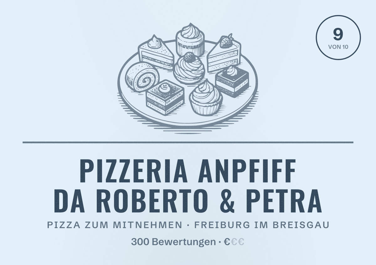 Illustriertes Poster von Pizzeria Anpfiff Da Roberto & Petra, Pizza zum Mitnehmen in Freiburg im Breisgau: Bewertung 9,0 von 10 aus 300 Bewertungen, Preisniveau €