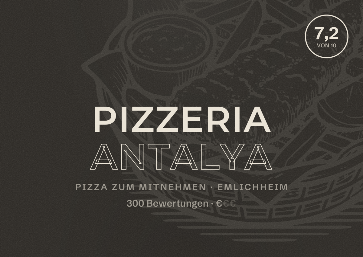 Illustriertes Poster von Pizzeria Antalya, Pizza zum Mitnehmen in Emlichheim: Bewertung 7,2 von 10 aus 300 Bewertungen, Preisniveau €