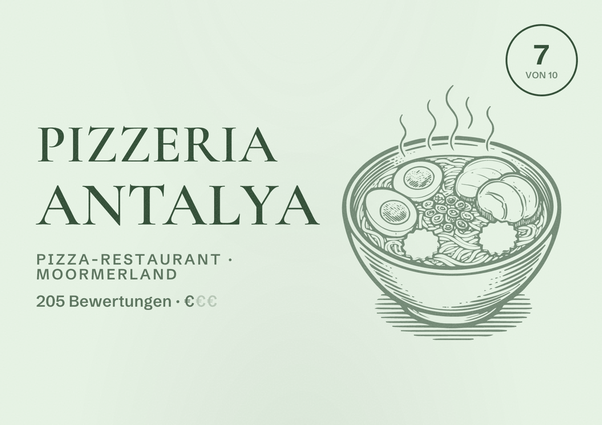Illustriertes Poster von Pizzeria Antalya, Pizza-Restaurant in Moormerland: Bewertung 7 von 10 aus 205 Bewertungen, Preisniveau €