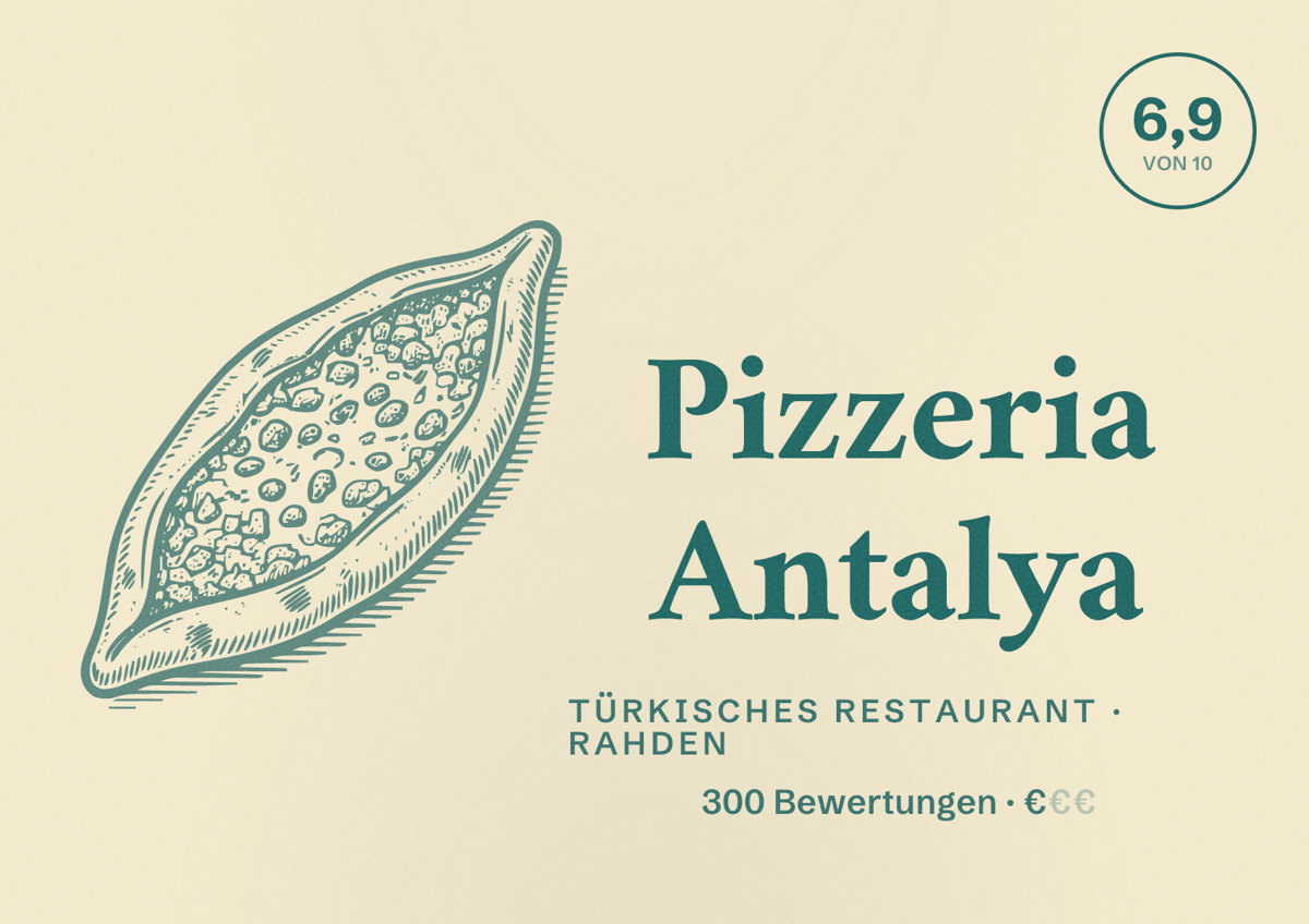 Illustriertes Poster von Pizzeria Antalya, Türkisches Restaurant in Rahden: Bewertung 6,9 von 10 aus 300 Bewertungen, Preisniveau €