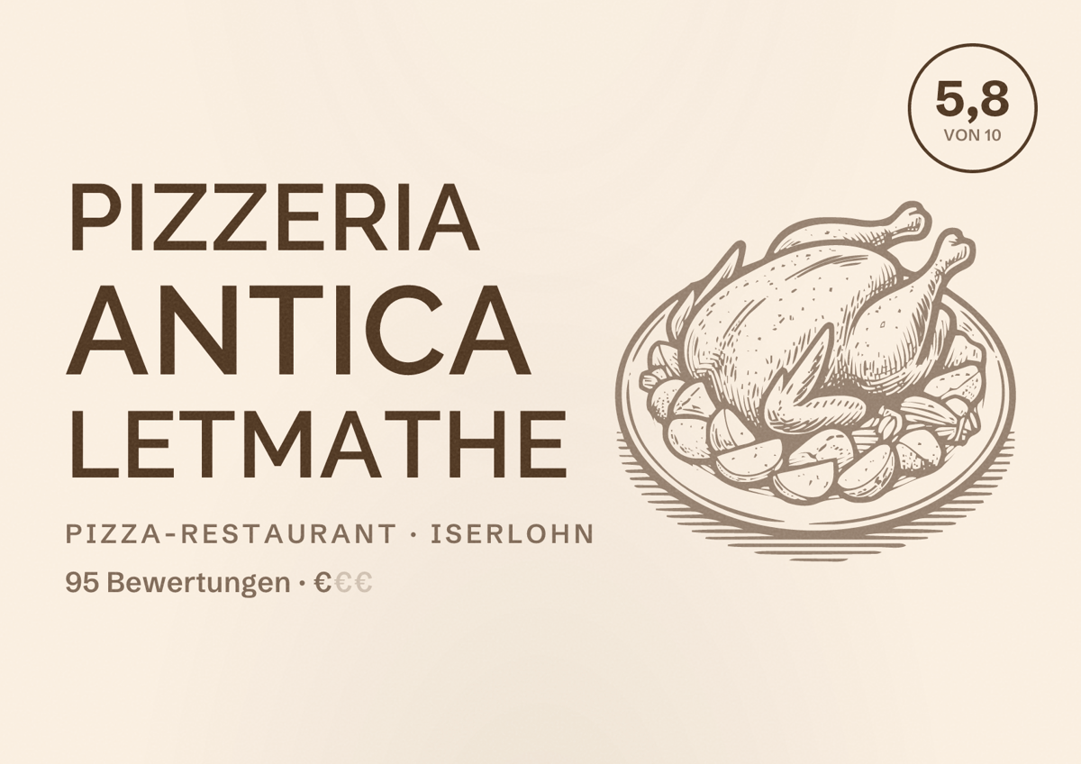 Illustriertes Poster von Pizzeria Antica Letmathe, Pizza-Restaurant in Iserlohn: Bewertung 5,8 von 10 aus 95 Bewertungen, Preisniveau €