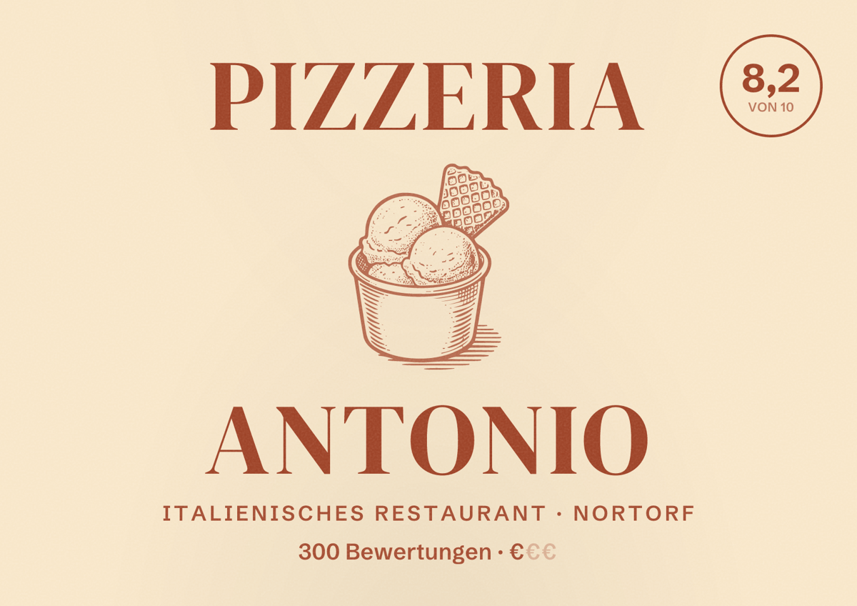 Illustriertes Poster von Pizzeria Antonio, Italienisches Restaurant in Nortorf: Bewertung 8,2 von 10 aus 300 Bewertungen, Preisniveau €