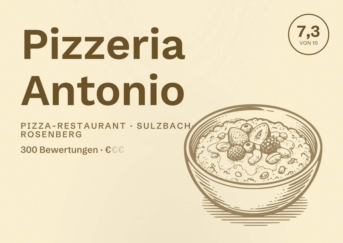 Illustriertes Poster von Pizzeria Antonio, Pizza-Restaurant in Sulzbach-Rosenberg: Bewertung 7,3 von 10 aus 300 Bewertungen, Preisniveau €