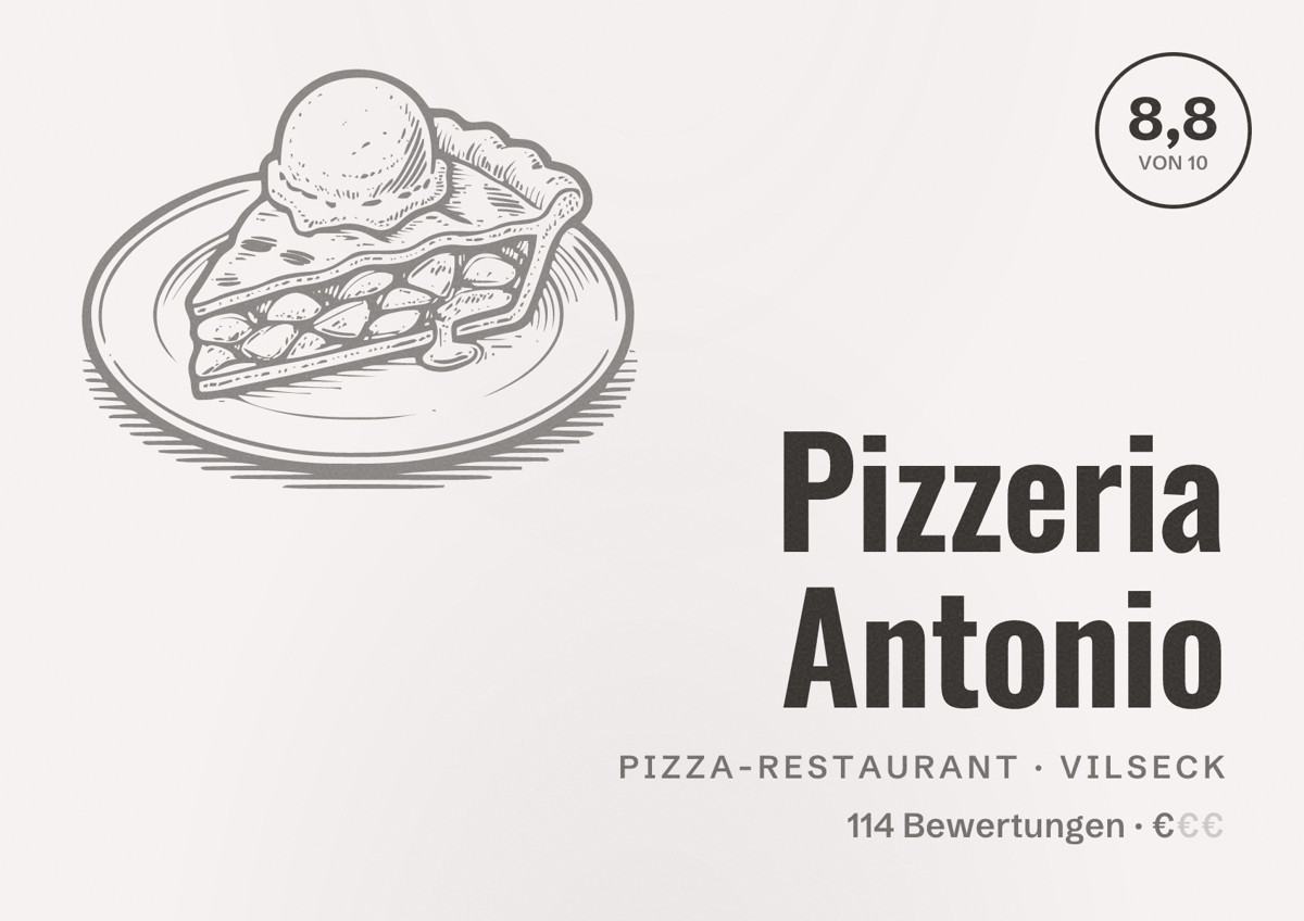 Illustriertes Poster von Pizzeria Antonio, Pizza-Restaurant in Vilseck: Bewertung 8,8 von 10 aus 114 Bewertungen, Preisniveau €