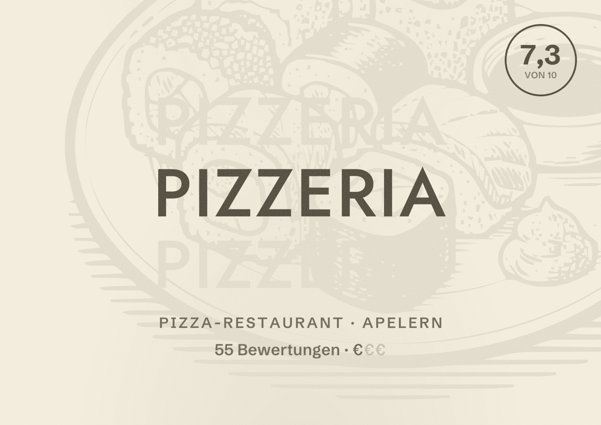 Illustriertes Poster von Pizzeria, Pizza-Restaurant in Apelern: Bewertung 7,3 von 10 aus 55 Bewertungen, Preisniveau €