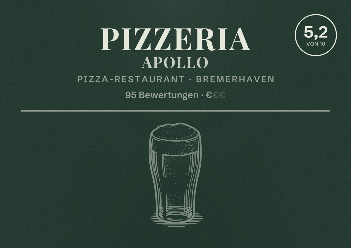 Illustriertes Poster von Pizzeria Apollo, Pizza-Restaurant in Bremerhaven: Bewertung 5,2 von 10 aus 95 Bewertungen, Preisniveau €