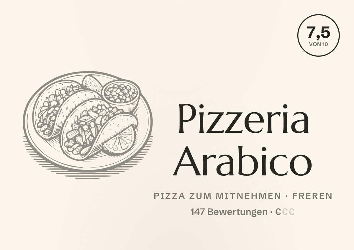 Illustriertes Poster von Pizzeria Arabico, Pizza zum Mitnehmen in Freren: Bewertung 7,5 von 10 aus 147 Bewertungen, Preisniveau €