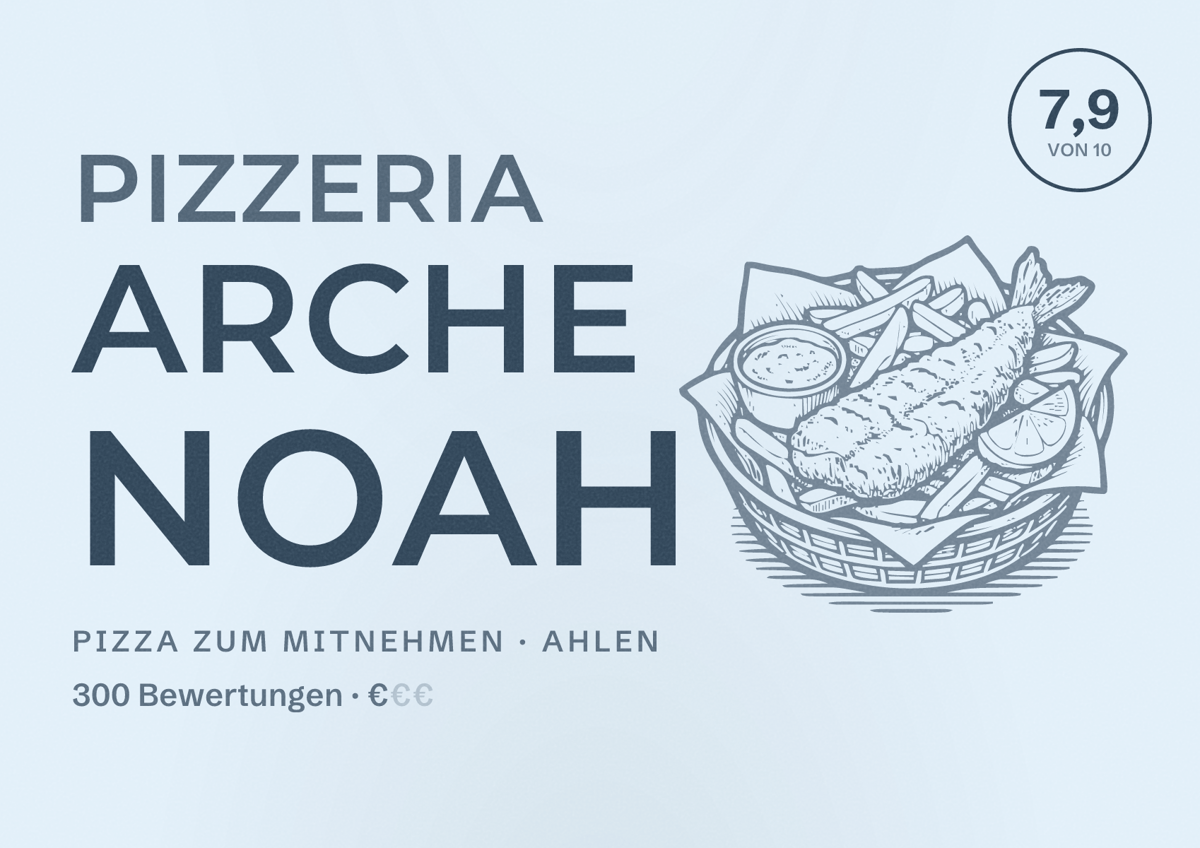 Illustriertes Poster von Pizzeria Arche Noah, Pizza zum Mitnehmen in Ahlen: Bewertung 7,9 von 10 aus 300 Bewertungen, Preisniveau €