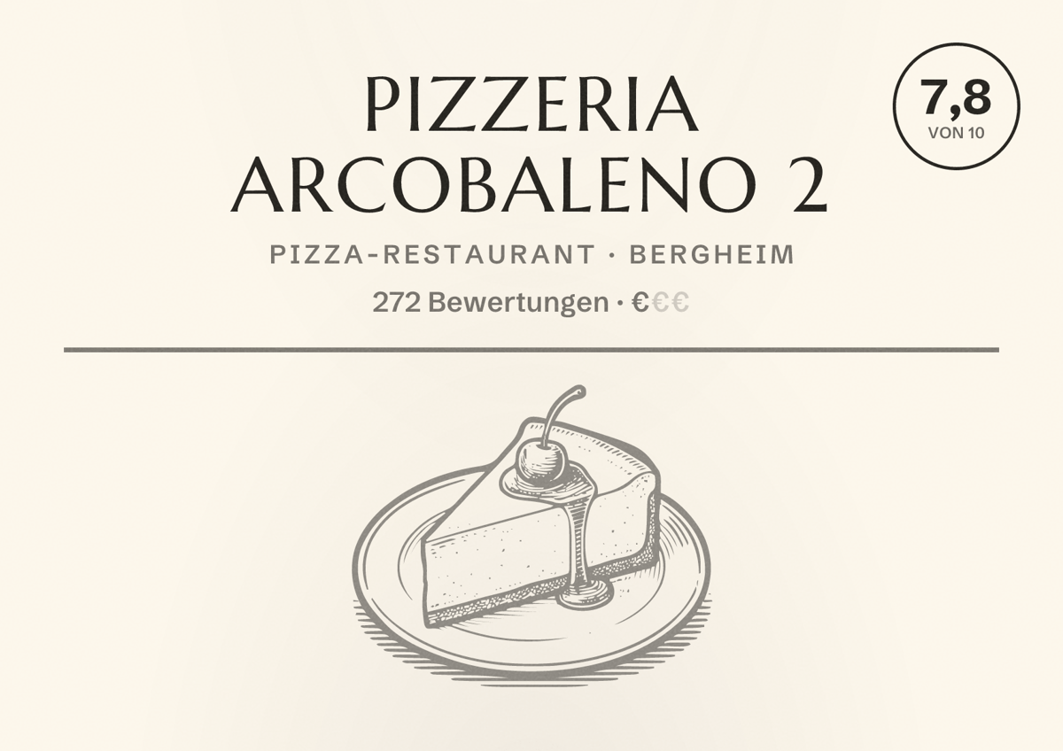 Illustriertes Poster von Pizzeria Arcobaleno 2, Pizza-Restaurant in Bergheim: Bewertung 7,8 von 10 aus 272 Bewertungen, Preisniveau €