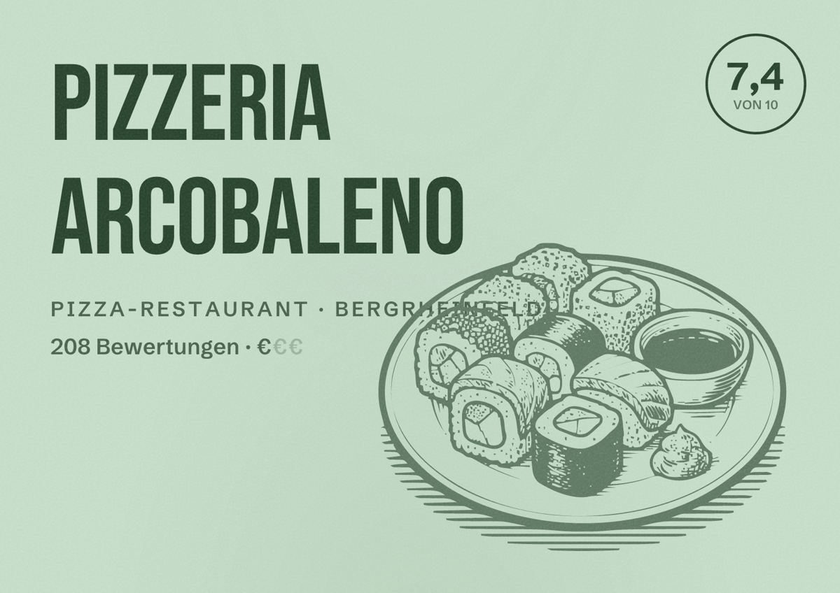 Illustriertes Poster von Pizzeria Arcobaleno, Pizza-Restaurant in Bergrheinfeld: Bewertung 7,4 von 10 aus 208 Bewertungen, Preisniveau €