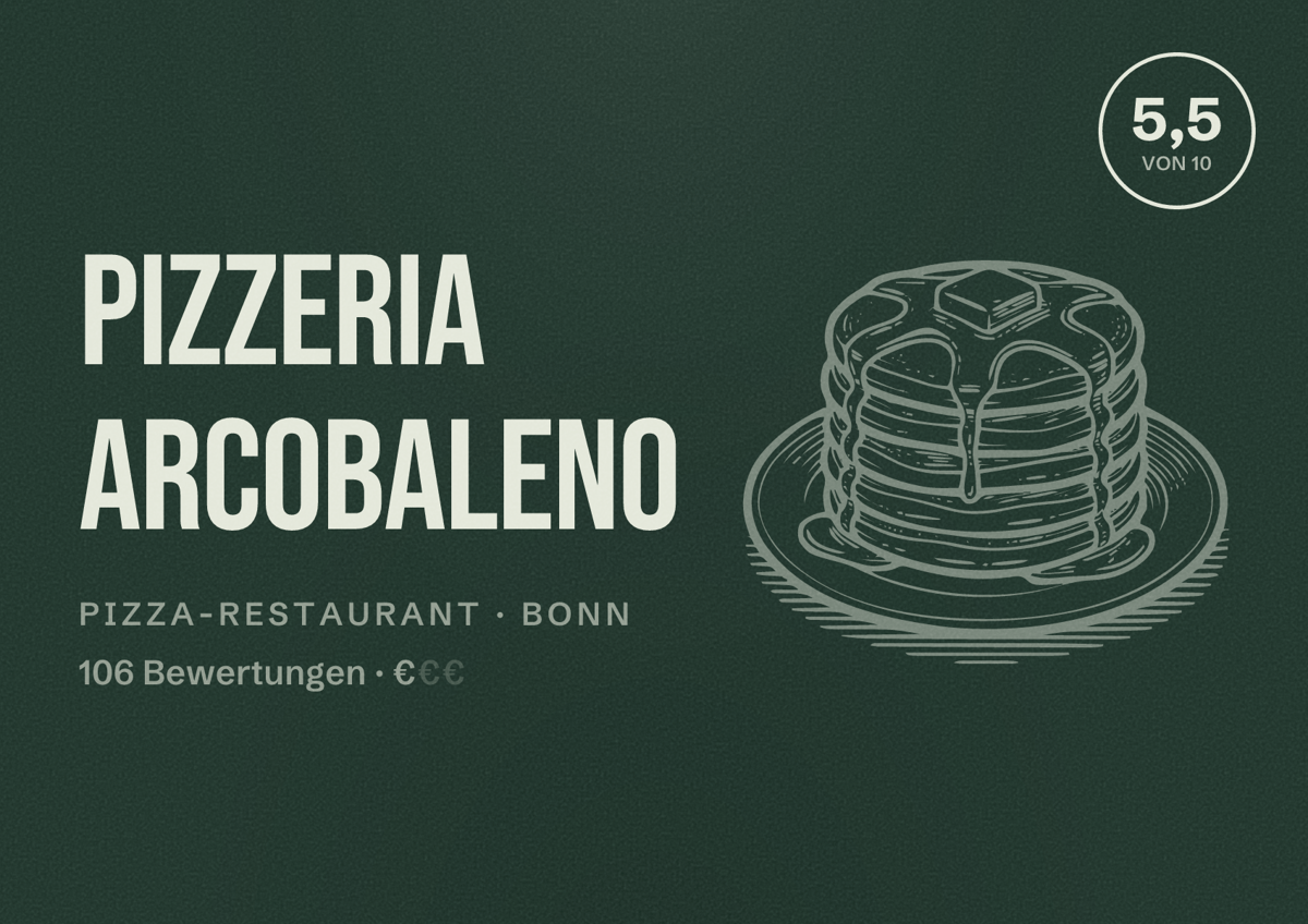 Illustriertes Poster von Pizzeria Arcobaleno, Pizza-Restaurant in Bonn: Bewertung 5,5 von 10 aus 106 Bewertungen, Preisniveau €