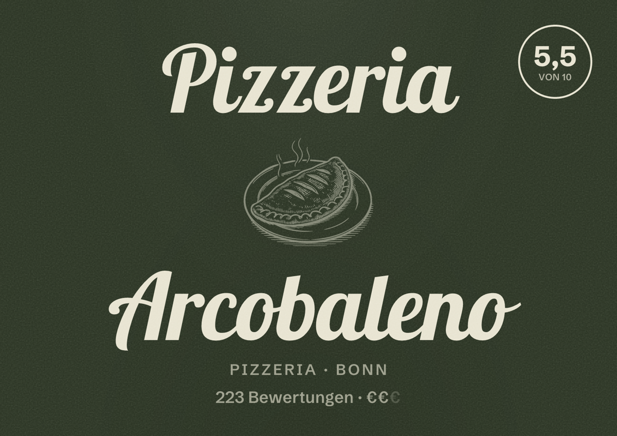 Illustriertes Poster von Pizzeria Arcobaleno, Pizzeria in Bonn: Bewertung 5,5 von 10 aus 223 Bewertungen, Preisniveau €€