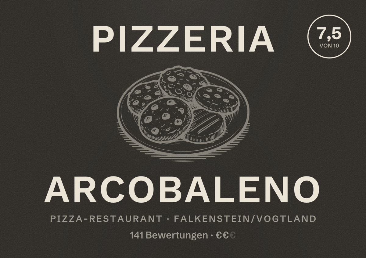 Illustriertes Poster von Pizzeria Arcobaleno, Pizza-Restaurant in Falkenstein/Vogtland: Bewertung 7,5 von 10 aus 141 Bewertungen, Preisniveau €€