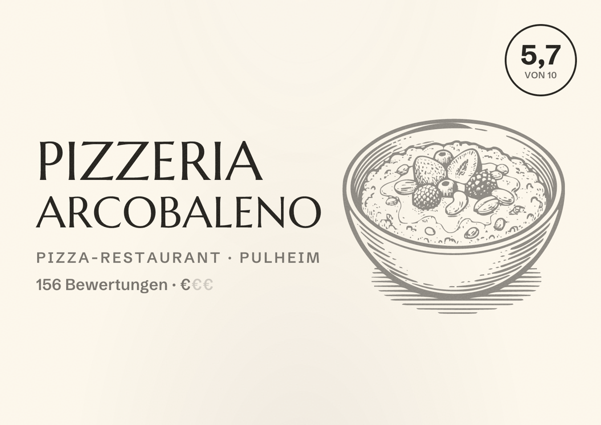 Illustriertes Poster von Pizzeria Arcobaleno, Pizza-Restaurant in Pulheim: Bewertung 5,7 von 10 aus 156 Bewertungen, Preisniveau €