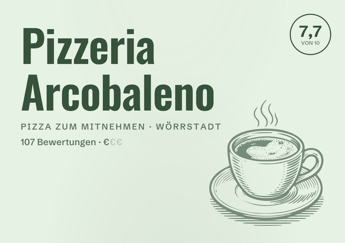 Illustriertes Poster von Pizzeria Arcobaleno, Pizza zum Mitnehmen in Wörrstadt: Bewertung 7,7 von 10 aus 107 Bewertungen, Preisniveau €