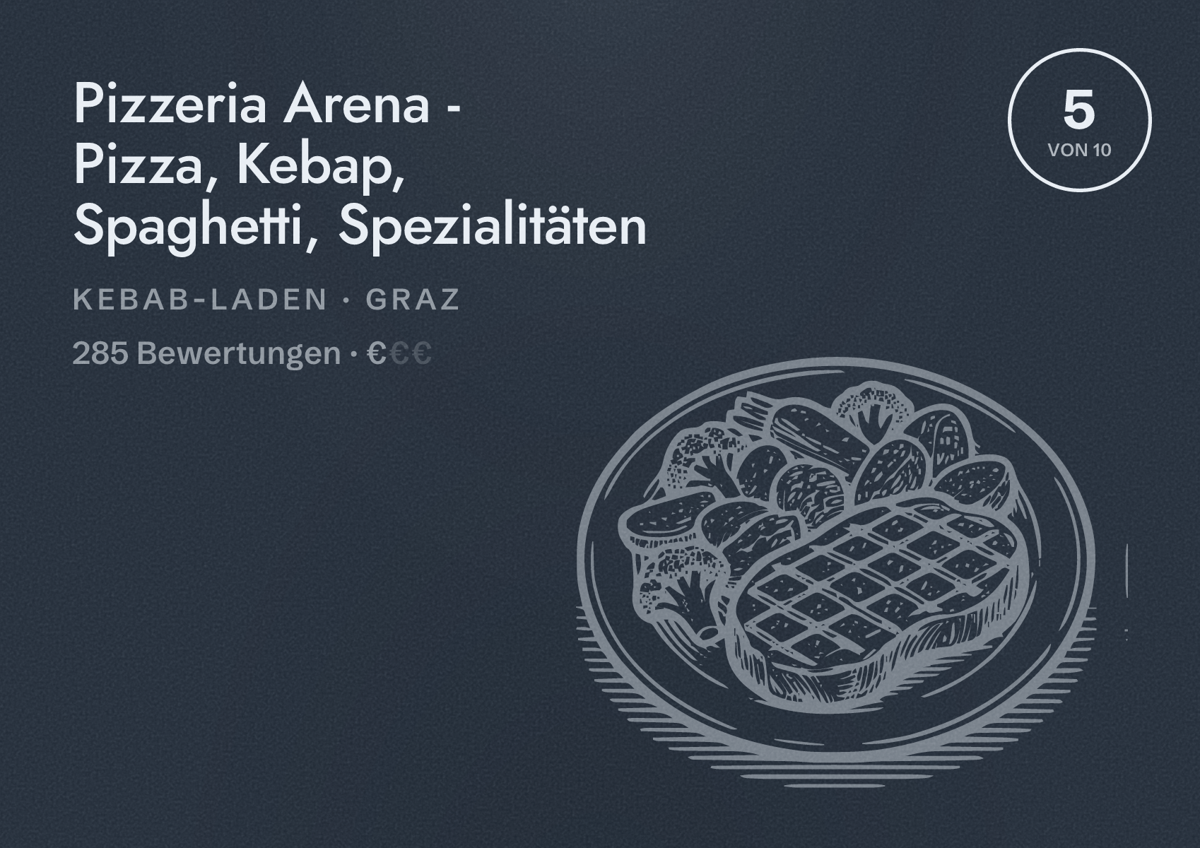 Illustriertes Poster von Pizzeria Arena - Pizza, Kebap, Spaghetti, Spezialitäten, Kebab-Laden in Graz: Bewertung 5 von 10 aus 285 Bewertungen, Preisniveau €