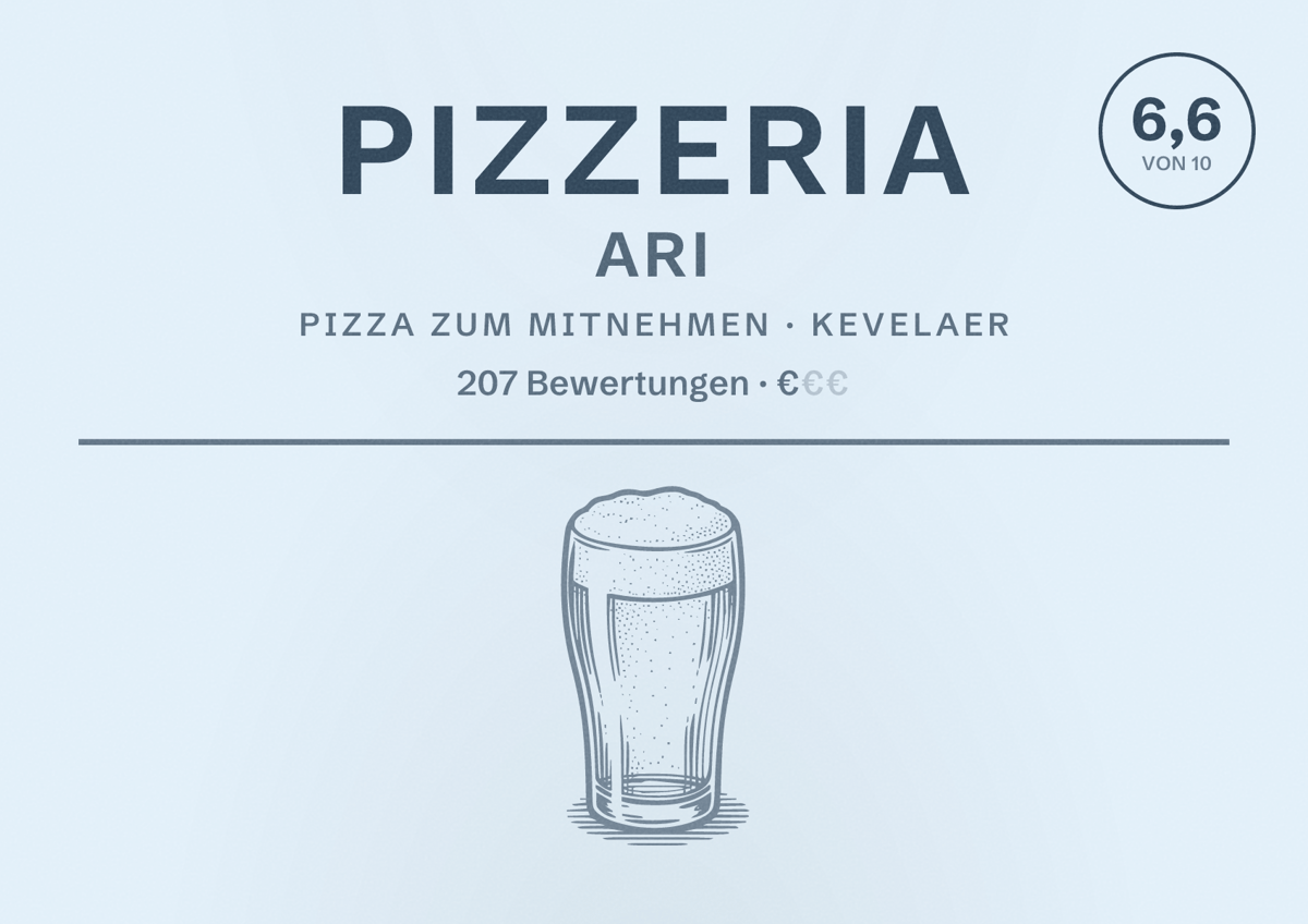 Illustriertes Poster von Pizzeria Ari, Pizza zum Mitnehmen in Kevelaer: Bewertung 6,6 von 10 aus 207 Bewertungen, Preisniveau €