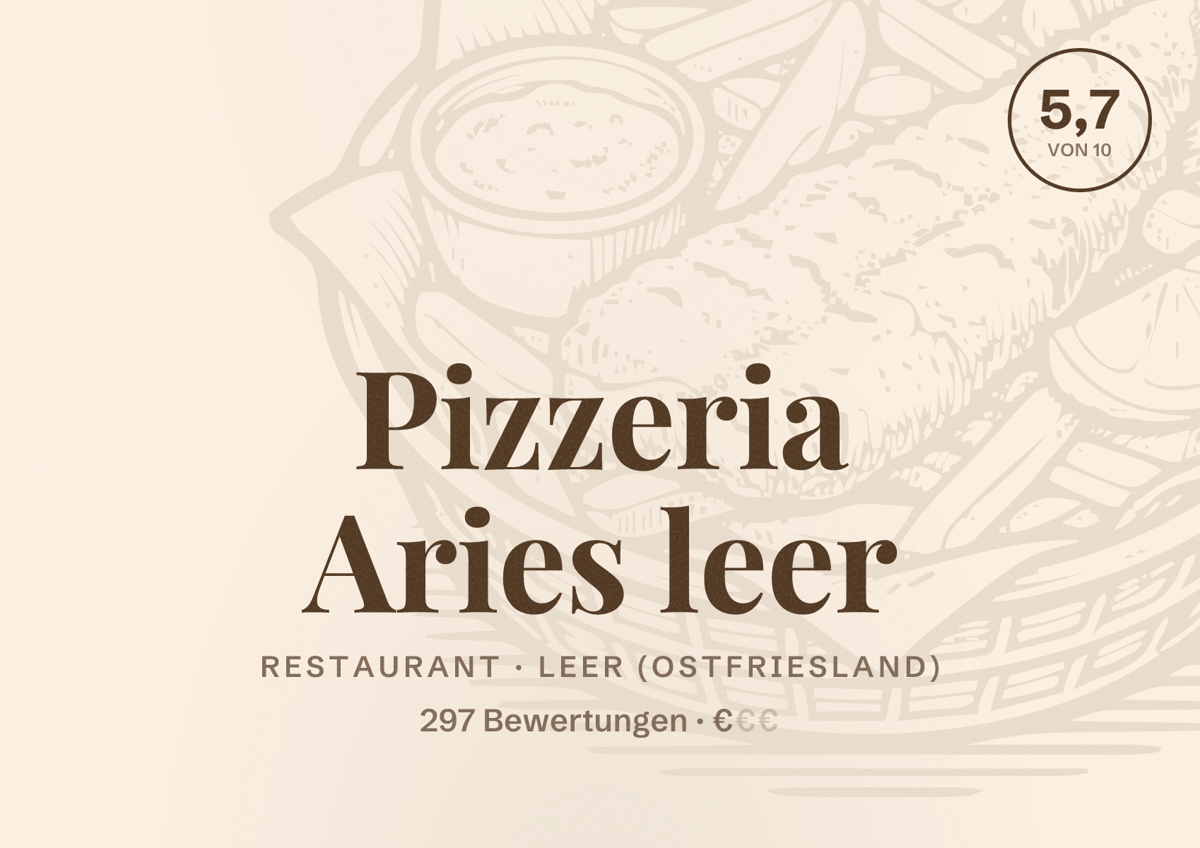 Illustriertes Poster von Pizzeria Aries leer, Restaurant in Leer (Ostfriesland): Bewertung 5,7 von 10 aus 297 Bewertungen, Preisniveau €