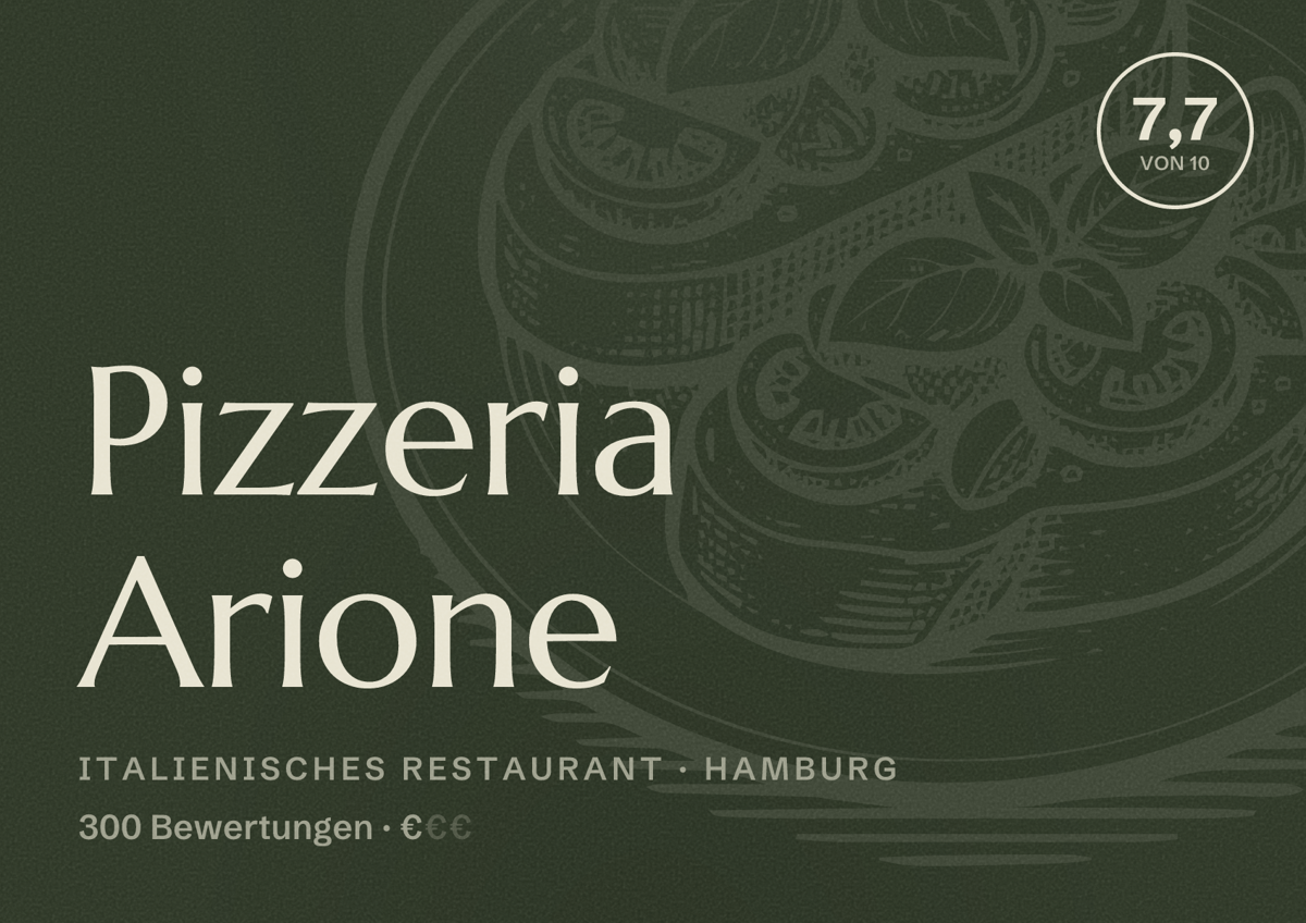 Illustriertes Poster von Pizzeria Arione, Italienisches Restaurant in Hamburg: Bewertung 7,7 von 10 aus 300 Bewertungen, Preisniveau €