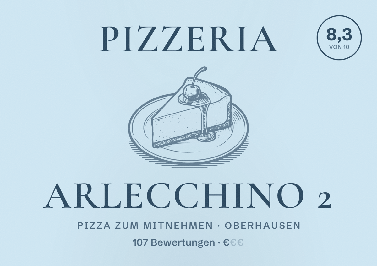 Illustriertes Poster von Pizzeria Arlecchino 2, Pizza zum Mitnehmen in Oberhausen: Bewertung 8,3 von 10 aus 107 Bewertungen, Preisniveau €
