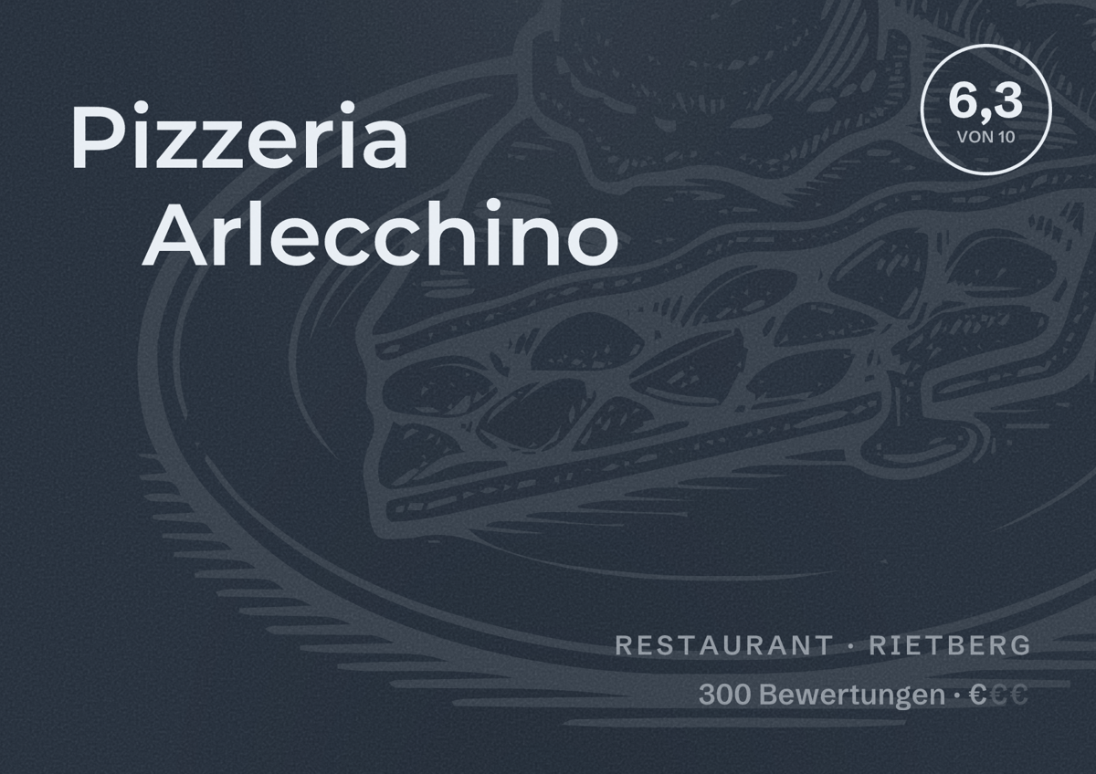 Illustriertes Poster von Pizzeria Arlecchino, Restaurant in Rietberg: Bewertung 6,3 von 10 aus 300 Bewertungen, Preisniveau €