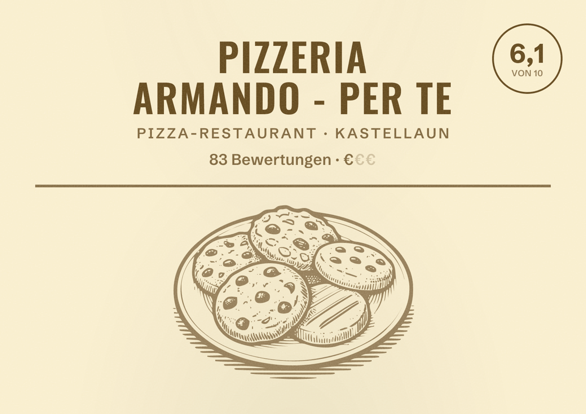 Illustriertes Poster von Pizzeria Armando - per te, Pizza-Restaurant in Kastellaun: Bewertung 6,1 von 10 aus 83 Bewertungen, Preisniveau €