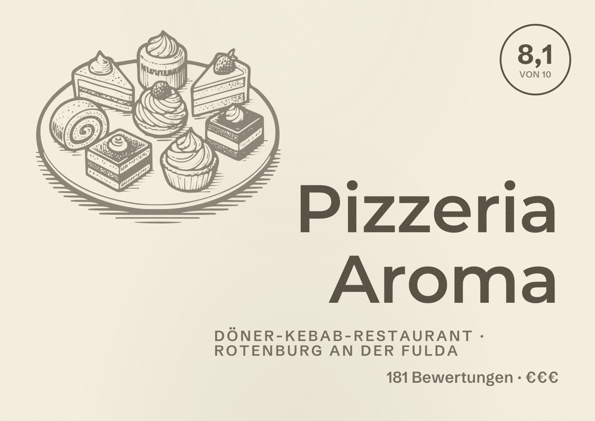 Illustriertes Poster von Pizzeria Aroma, Döner-Kebab-Restaurant in Rotenburg an der Fulda: Bewertung 8,1 von 10 aus 181 Bewertungen, Preisniveau €€€