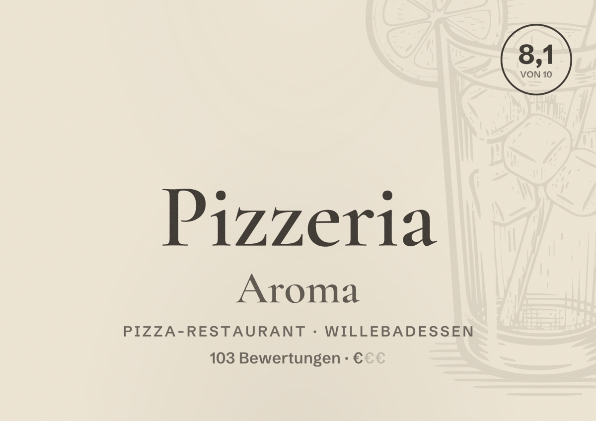 Illustriertes Poster von Pizzeria Aroma, Pizza-Restaurant in Willebadessen: Bewertung 8,1 von 10 aus 103 Bewertungen, Preisniveau €
