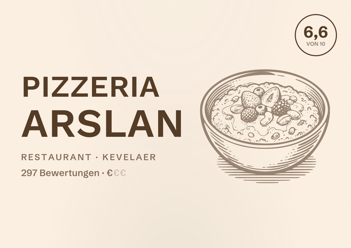 Illustriertes Poster von Pizzeria Arslan, Restaurant in Kevelaer: Bewertung 6,6 von 10 aus 297 Bewertungen, Preisniveau €