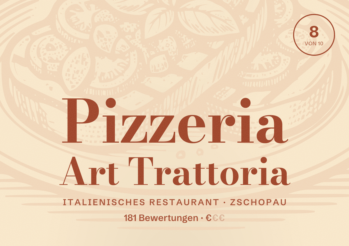 Illustriertes Poster von Pizzeria Art Trattoria, Italienisches Restaurant in Zschopau: Bewertung 8 von 10 aus 181 Bewertungen, Preisniveau €