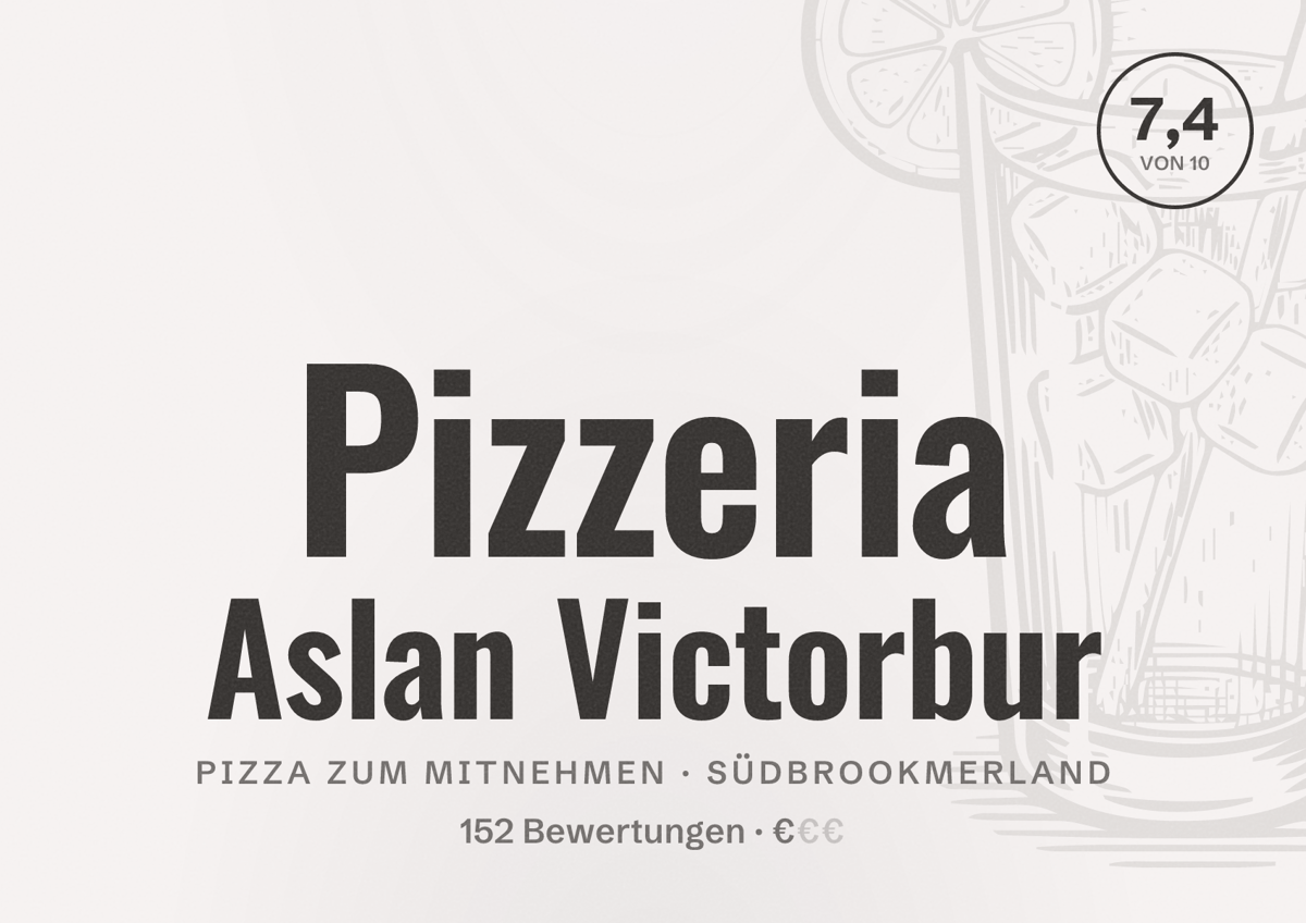Illustriertes Poster von Pizzeria Aslan Victorbur, Pizza zum Mitnehmen in Südbrookmerland: Bewertung 7,4 von 10 aus 152 Bewertungen, Preisniveau €