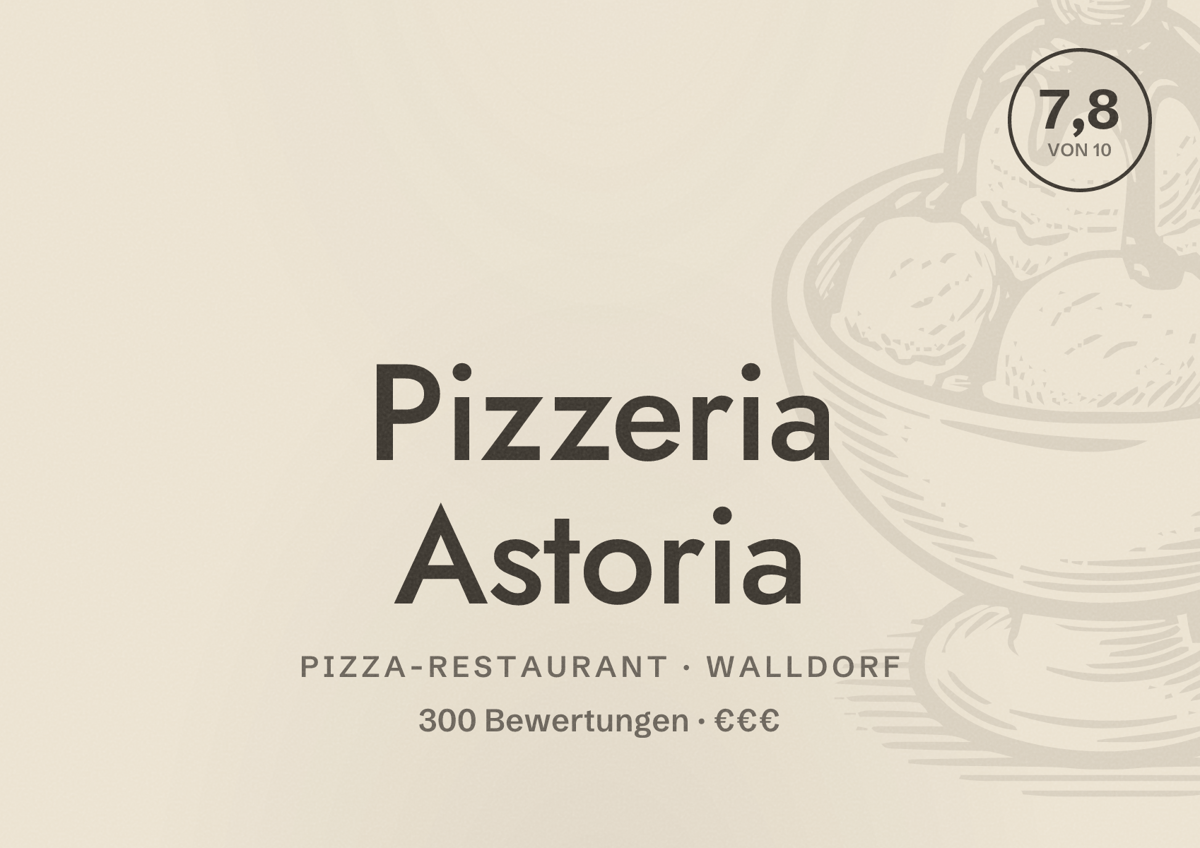 Illustriertes Poster von Pizzeria Astoria, Pizza-Restaurant in Walldorf: Bewertung 7,8 von 10 aus 300 Bewertungen, Preisniveau €€€