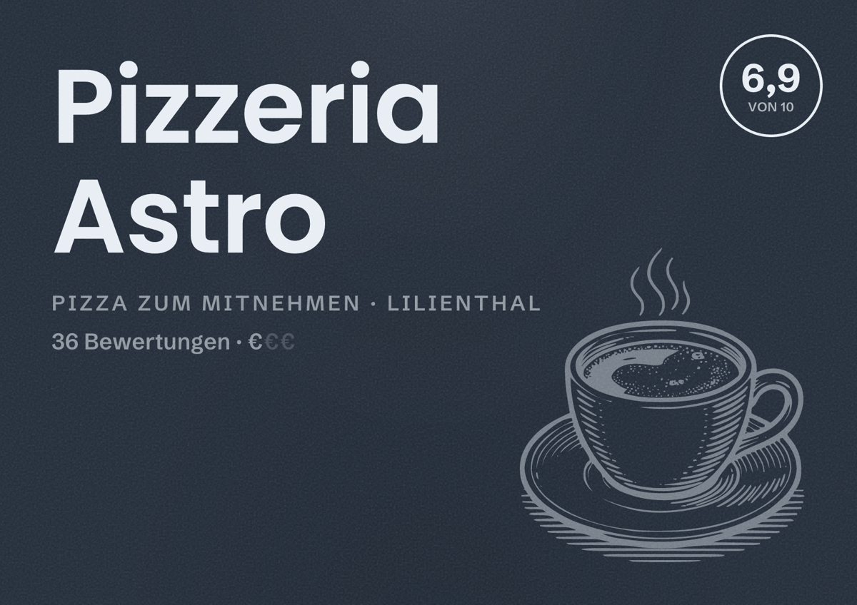 Illustriertes Poster von Pizzeria Astro, Pizza zum Mitnehmen in Lilienthal: Bewertung 6,9 von 10 aus 36 Bewertungen, Preisniveau €