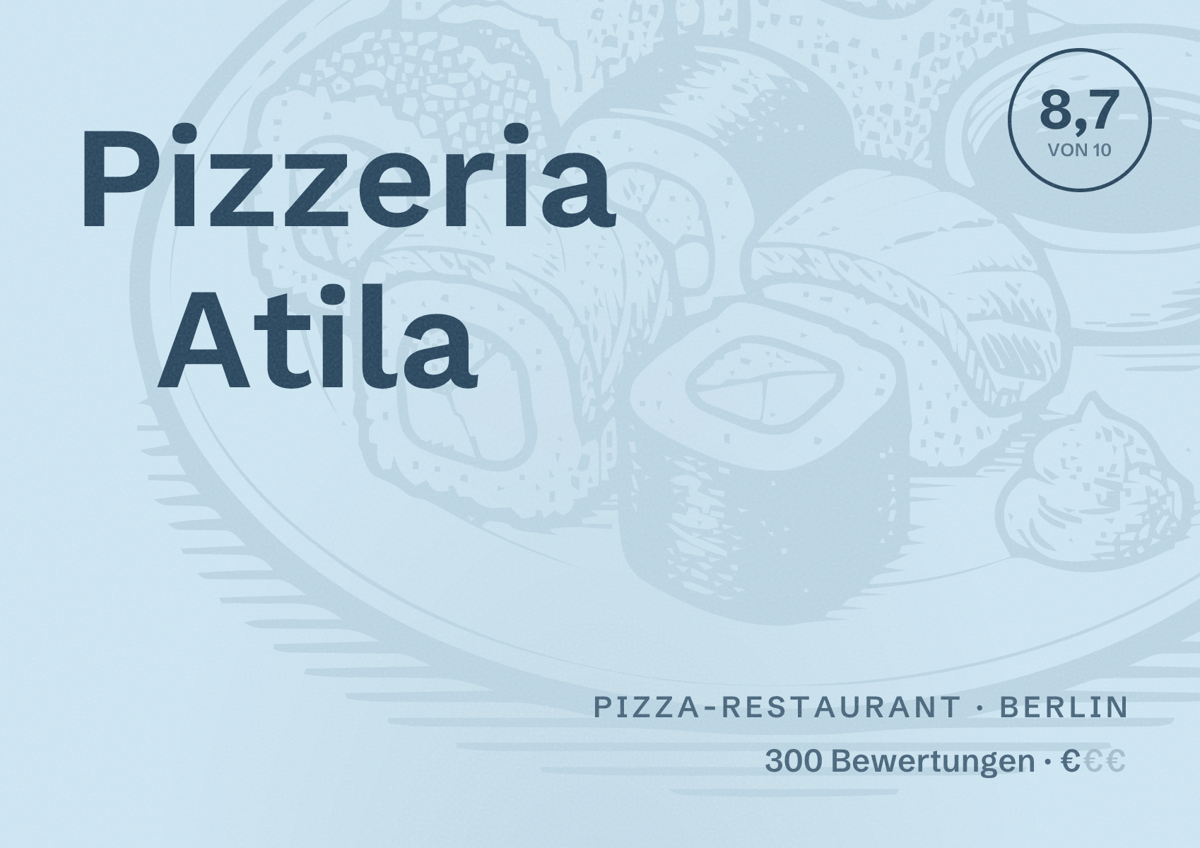 Illustriertes Poster von Pizzeria Atila, Pizza-Restaurant in Berlin: Bewertung 8,7 von 10 aus 300 Bewertungen, Preisniveau €