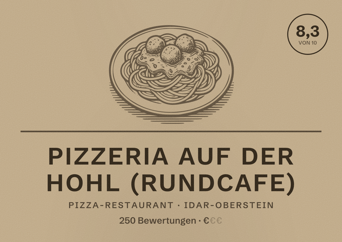 Illustriertes Poster von Pizzeria Auf der Hohl (Rundcafe), Pizza-Restaurant in Idar-Oberstein: Bewertung 8,3 von 10 aus 250 Bewertungen, Preisniveau €