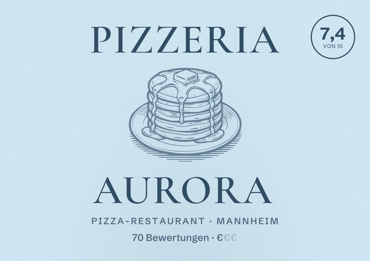 Illustriertes Poster von Pizzeria Aurora, Pizza-Restaurant in Mannheim: Bewertung 7,4 von 10 aus 70 Bewertungen, Preisniveau €