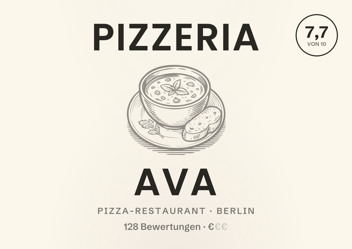 Illustriertes Poster von Pizzeria Ava, Pizza-Restaurant in Berlin: Bewertung 7,7 von 10 aus 128 Bewertungen, Preisniveau €