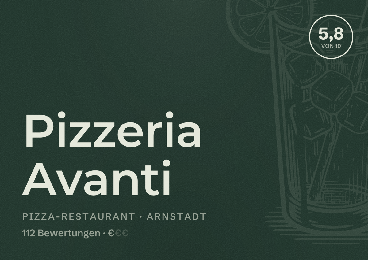 Illustriertes Poster von Pizzeria Avanti, Pizza-Restaurant in Arnstadt: Bewertung 5,8 von 10 aus 112 Bewertungen, Preisniveau €