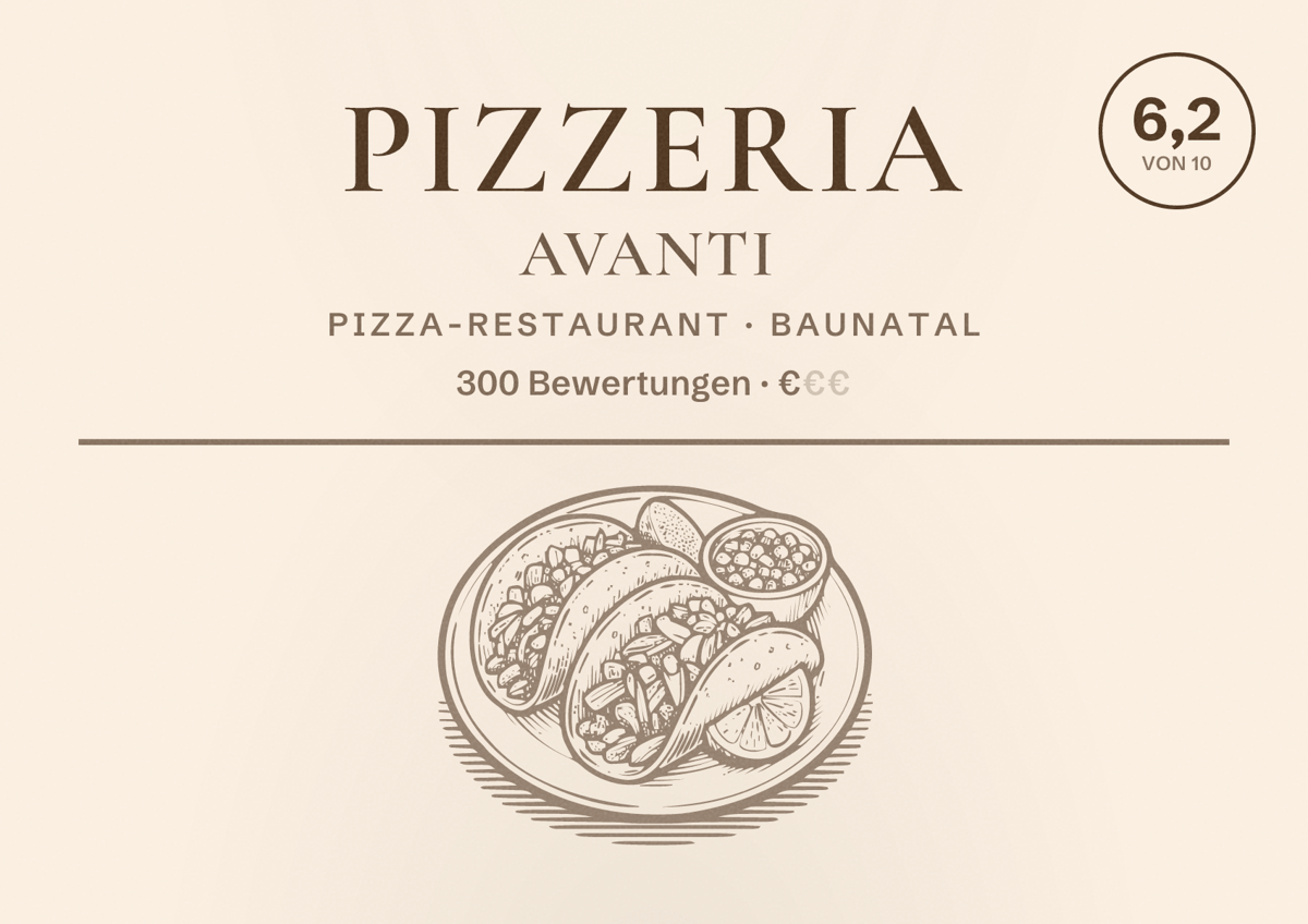 Illustriertes Poster von Pizzeria Avanti, Pizza-Restaurant in Baunatal: Bewertung 6,2 von 10 aus 300 Bewertungen, Preisniveau €