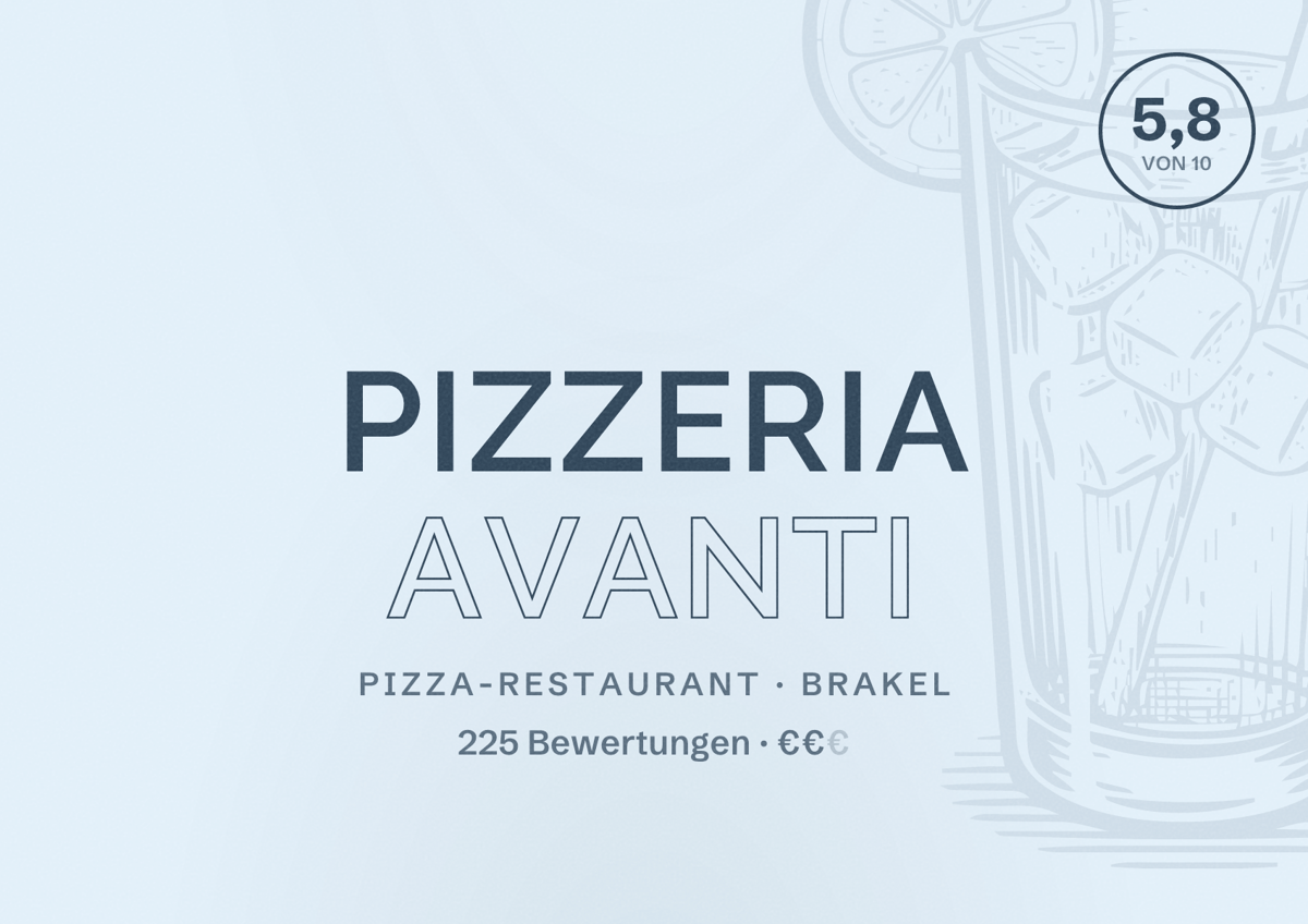 Illustriertes Poster von Pizzeria Avanti, Pizza-Restaurant in Brakel: Bewertung 5,8 von 10 aus 225 Bewertungen, Preisniveau €€