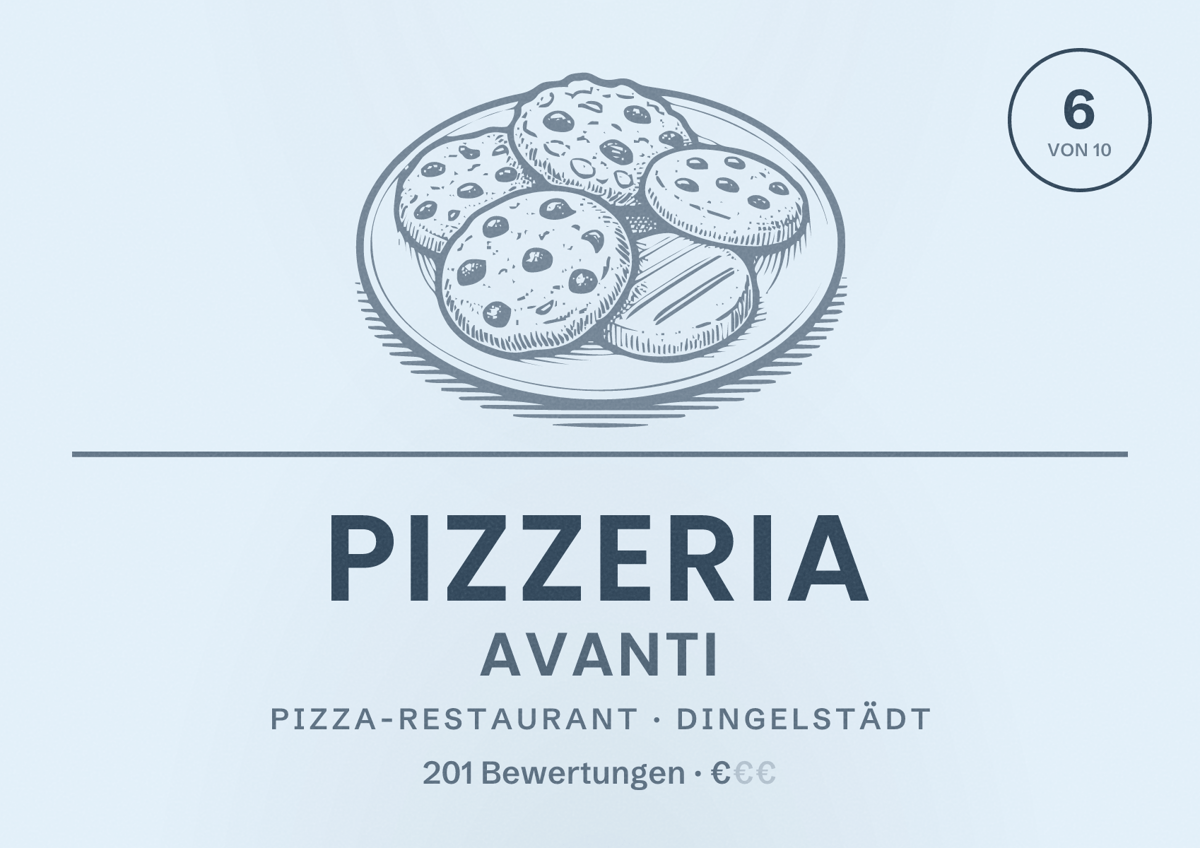 Illustriertes Poster von Pizzeria Avanti, Pizza-Restaurant in Dingelstädt: Bewertung 6 von 10 aus 201 Bewertungen, Preisniveau €