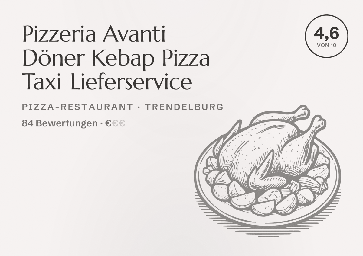 Illustriertes Poster von Pizzeria Avanti Döner Kebap Pizza Taxi Lieferservice, Pizza-Restaurant in Trendelburg: Bewertung 4,6 von 10 aus 84 Bewertungen, Preisniveau €