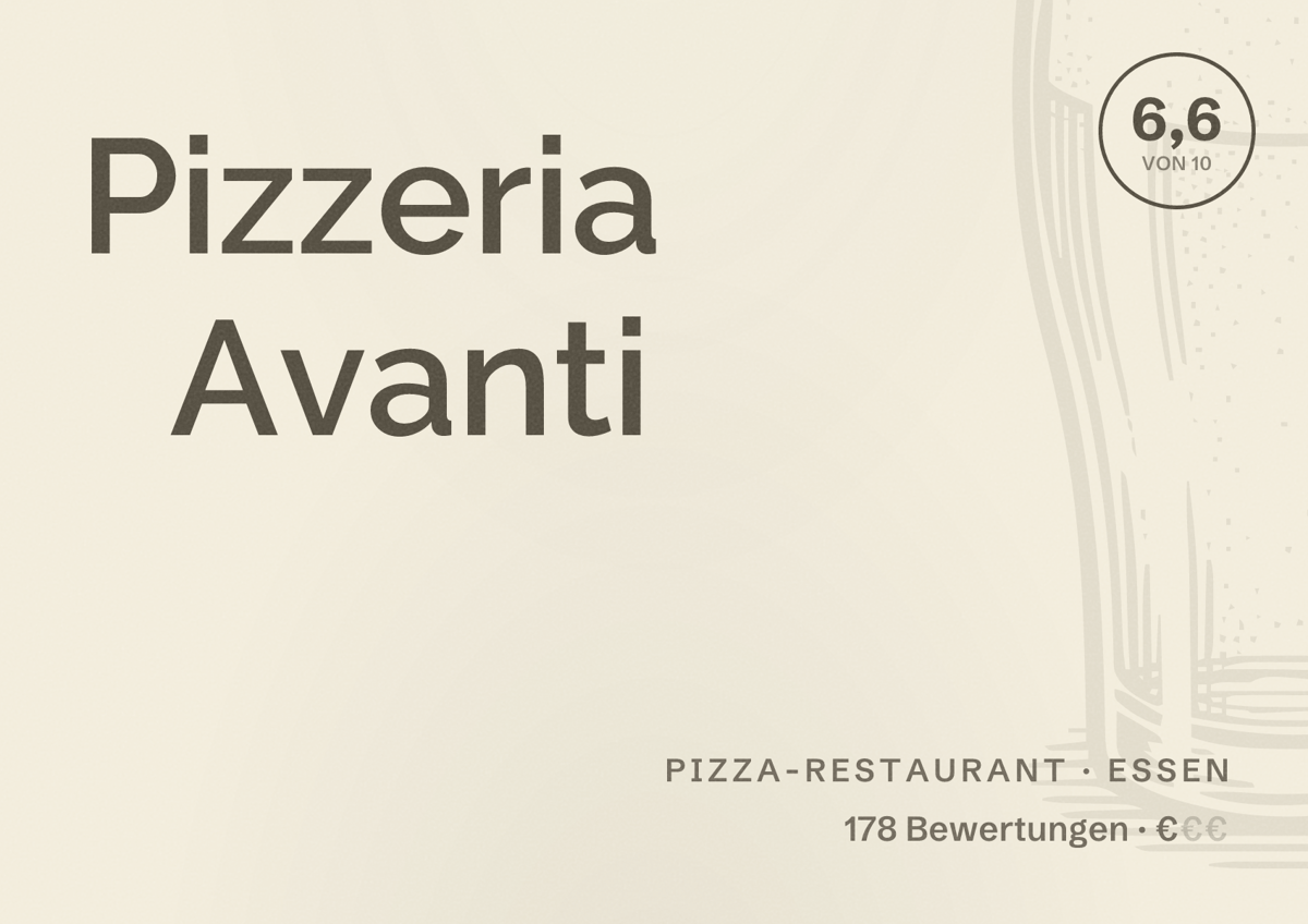 Illustriertes Poster von Pizzeria Avanti, Pizza-Restaurant in Essen: Bewertung 6,6 von 10 aus 178 Bewertungen, Preisniveau €