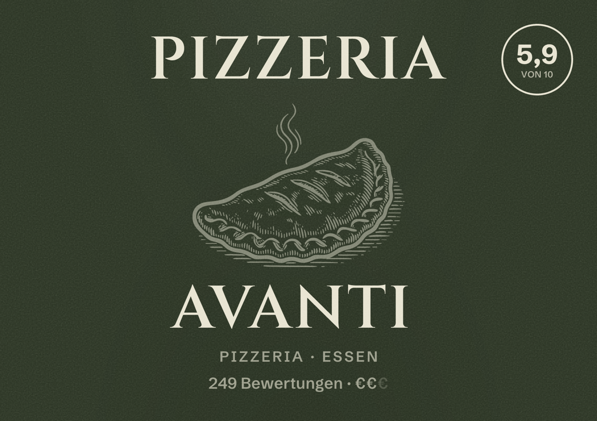 Illustriertes Poster von Pizzeria Avanti, Pizzeria in Essen: Bewertung 5,9 von 10 aus 249 Bewertungen, Preisniveau €€